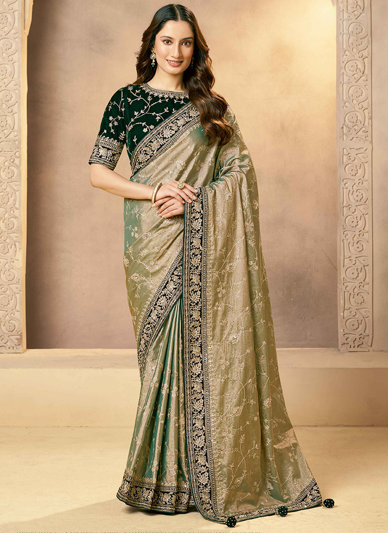 Tissue Silk Multi Color Wedding Wear Zardozi Work Ethnic Wedding Saree 386406