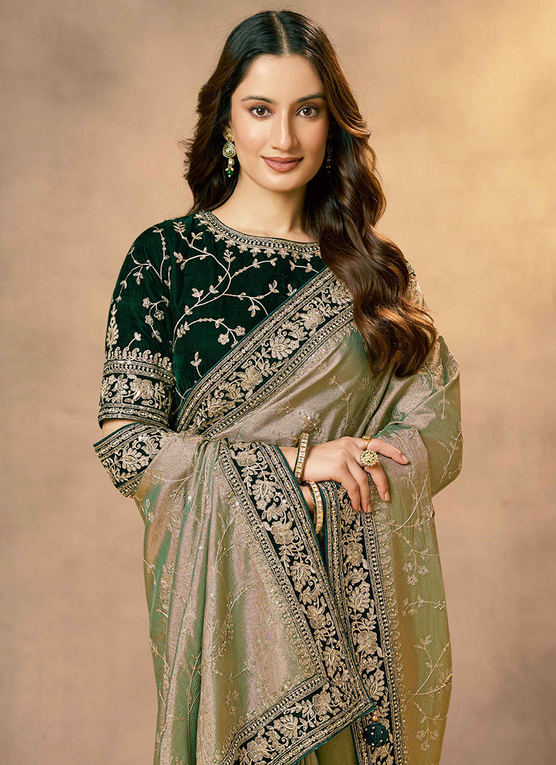 Tissue Silk Multi Color Wedding Wear Zardozi Work Ethnic Wedding Saree 386406