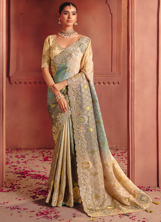 Multi Color Zari Dola Jaquard  Embroidery Work Wedding Wear Saree SW439996