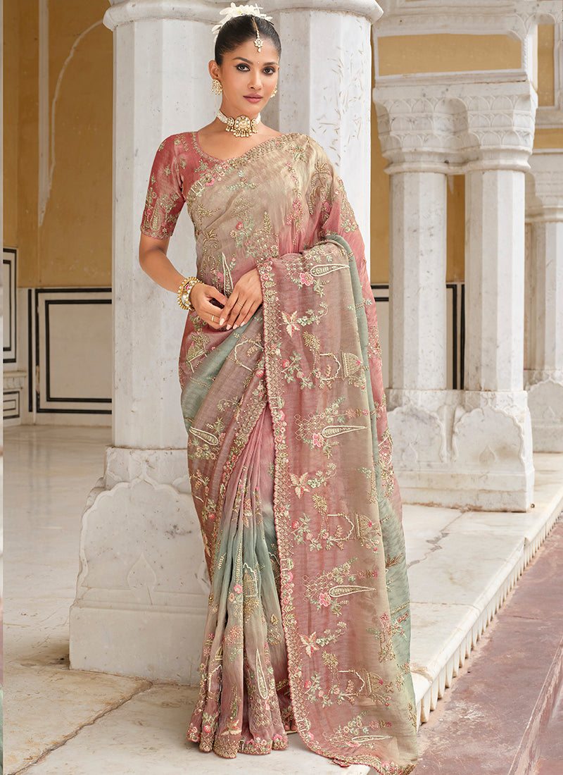 Zari Silk Multi Color Wedding Wear Embroidery Khatil Work Wedding Saree 388430