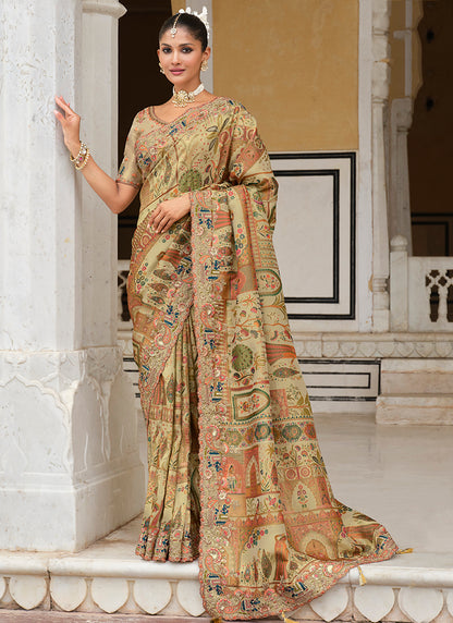 Zari Silk Multi Color Wedding Wear Embroidery Khatil Work Wedding Saree 388432