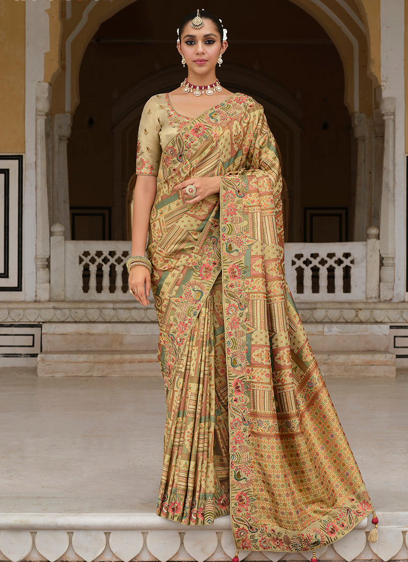Zari Silk Multi Color Wedding Wear Embroidery Khatil Work Wedding Saree 388438