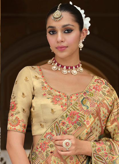 Zari Silk Multi Color Wedding Wear Embroidery Khatil Work Wedding Saree 388438