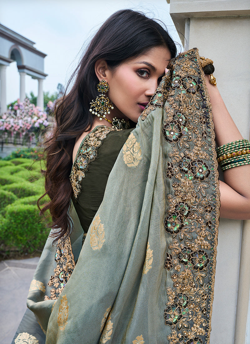 Multicolor Pure Tissue Silk Embroidery Work Occasional Wear Saree SW405180