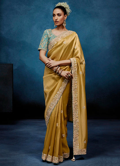 Mustard  Fancy Silk Embroidery Work Wedding Wear Saree SW710457