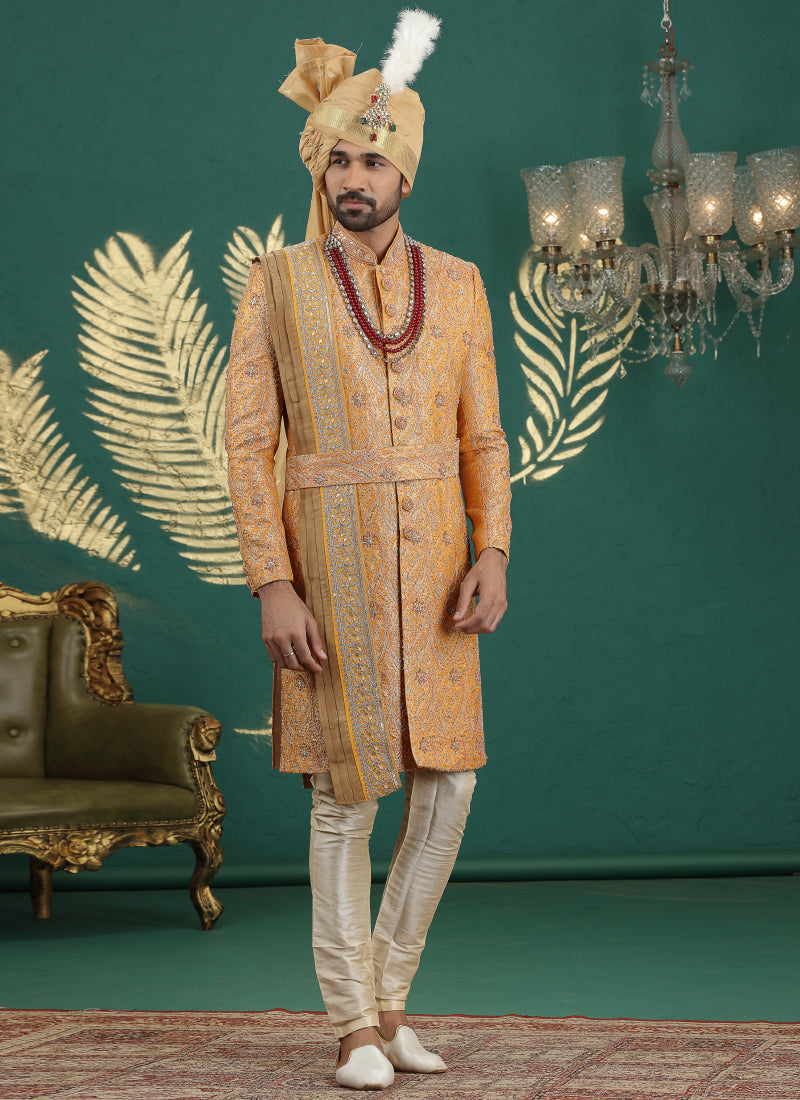 Banarasi Jacquard Mustard Wedding Wear Hand Embroidery Readymade Groom Sherwani 385996