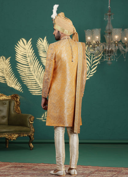 Banarasi Jacquard Mustard Wedding Wear Hand Embroidery Readymade Groom Sherwani 385996