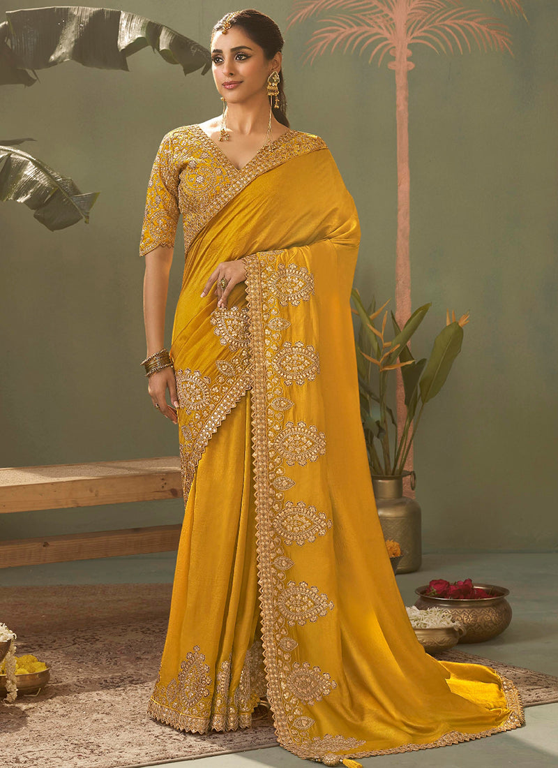Bemberg Silk Mustard Wedding Wear Heavy Work Wedding Saree 387269