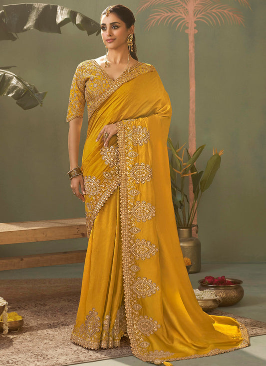 Bemberg Silk Mustard Wedding Wear Heavy Work Wedding Saree 387269