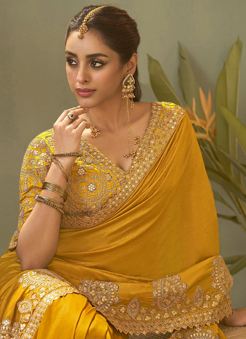 Bemberg Silk Mustard Wedding Wear Heavy Work Wedding Saree 387269