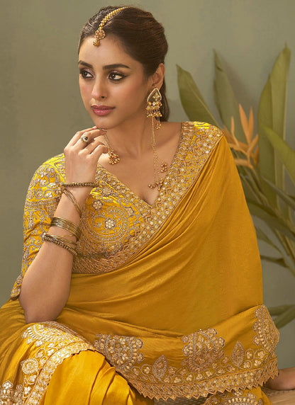 Bemberg Silk Mustard Wedding Wear Heavy Work Wedding Saree 387269