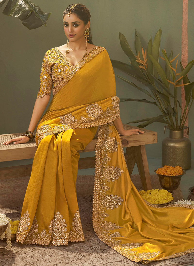 Bemberg Silk Mustard Wedding Wear Heavy Work Wedding Saree 387269