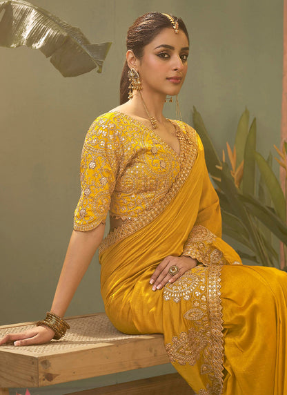Bemberg Silk Mustard Wedding Wear Heavy Work Wedding Saree 387269