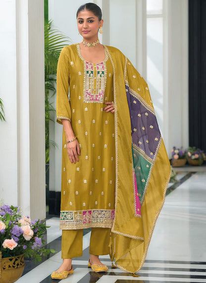 Chinnon Mustard Festival Wear Embroidery Work Readymade Salwar Suit 385408