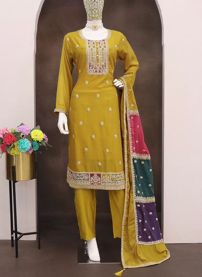 Chinnon Mustard Festival Wear Embroidery Work Readymade Salwar Suit 385408