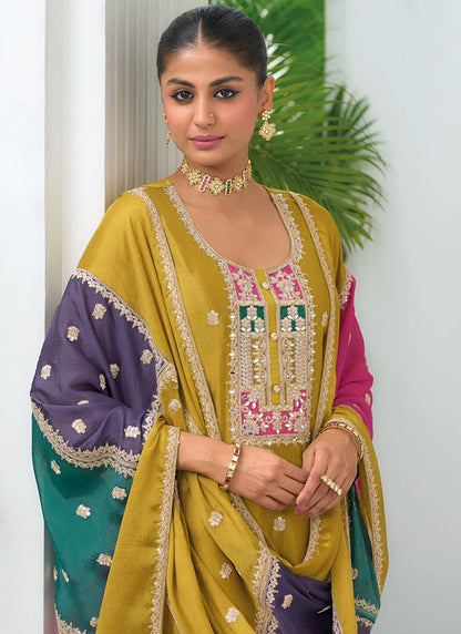 Chinnon Mustard Festival Wear Embroidery Work Readymade Salwar Suit 385408