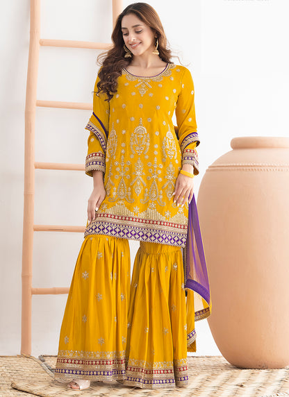 Chinnon Mustard Wedding Wear Embroidery Work Readymade Sharara Suit 384918