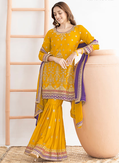 Chinnon Mustard Wedding Wear Embroidery Work Readymade Sharara Suit 384918