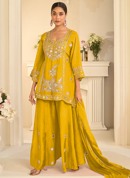 Mustard Chinon Silk Embroidery Work Festival Wear Readymade Sharara Suit SW400372