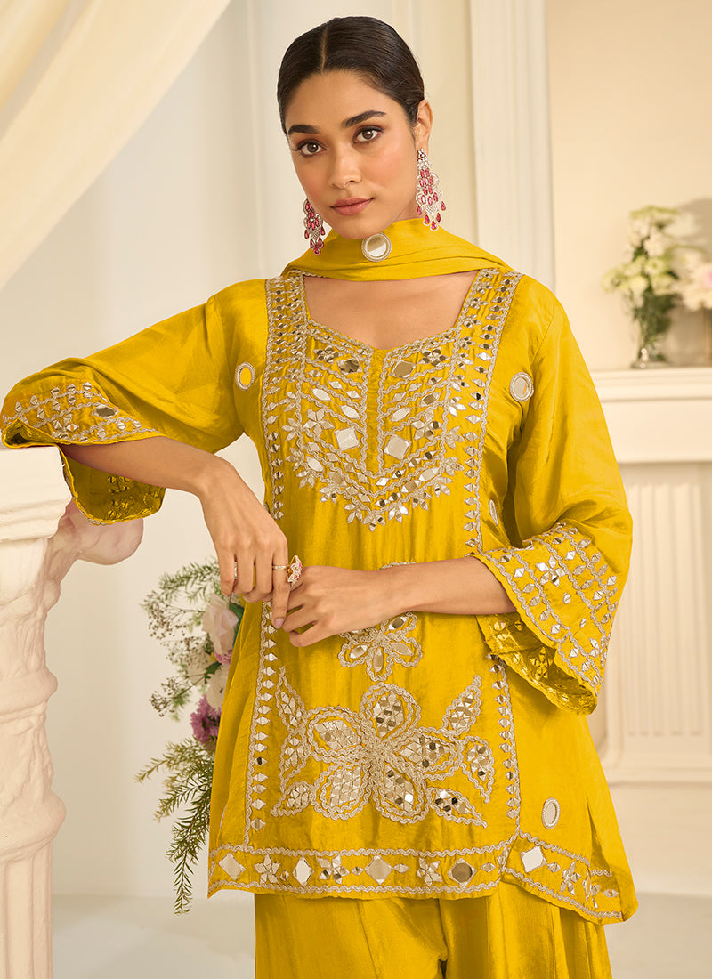 Mustard Chinon Silk Embroidery Work Festival Wear Readymade Sharara Suit SW400372