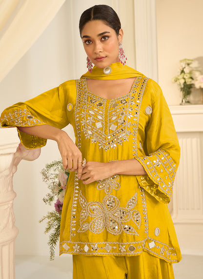 Mustard Chinon Silk Embroidery Work Festival Wear Readymade Sharara Suit SW400372