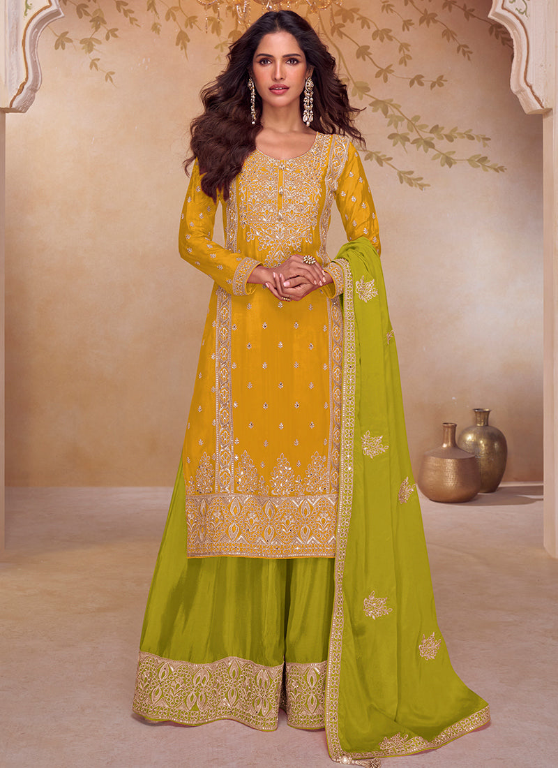 Mustard Chinon Embroidery Work Wedding Wear Readymade Plazzo Suit SW662913