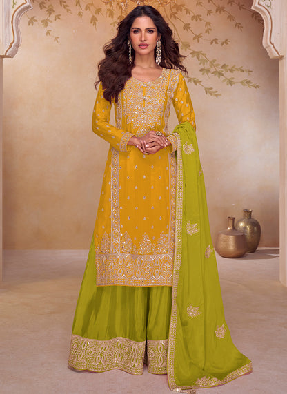 Mustard Chinon Embroidery Work Wedding Wear Readymade Plazzo Suit SW662913