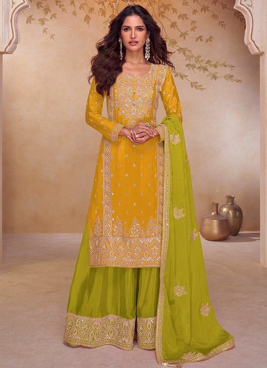 Mustard Chinon Embroidery Work Wedding Wear Readymade Plazzo Suit SW662913