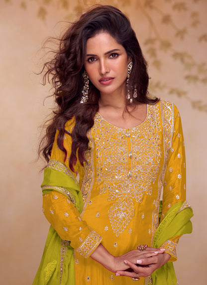 Mustard Chinon Embroidery Work Wedding Wear Readymade Plazzo Suit SW662913