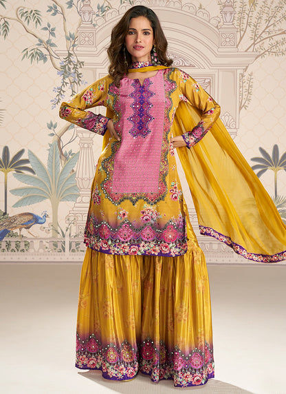 Crepe Silk Mustard Party Wear Mirror Work Readymade Gharara Suit 386537