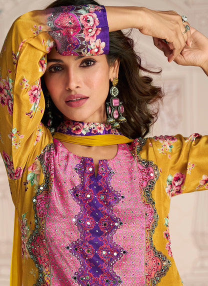 Crepe Silk Mustard Party Wear Mirror Work Readymade Gharara Suit 386537