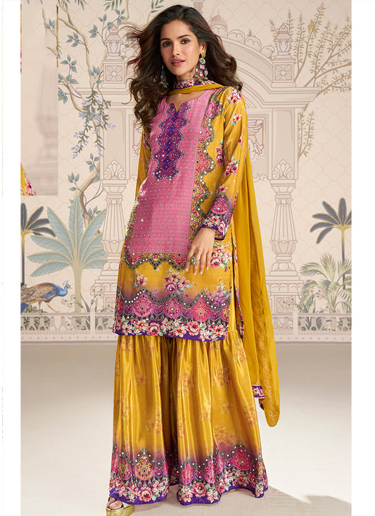 Crepe Silk Mustard Party Wear Mirror Work Readymade Gharara Suit 386537