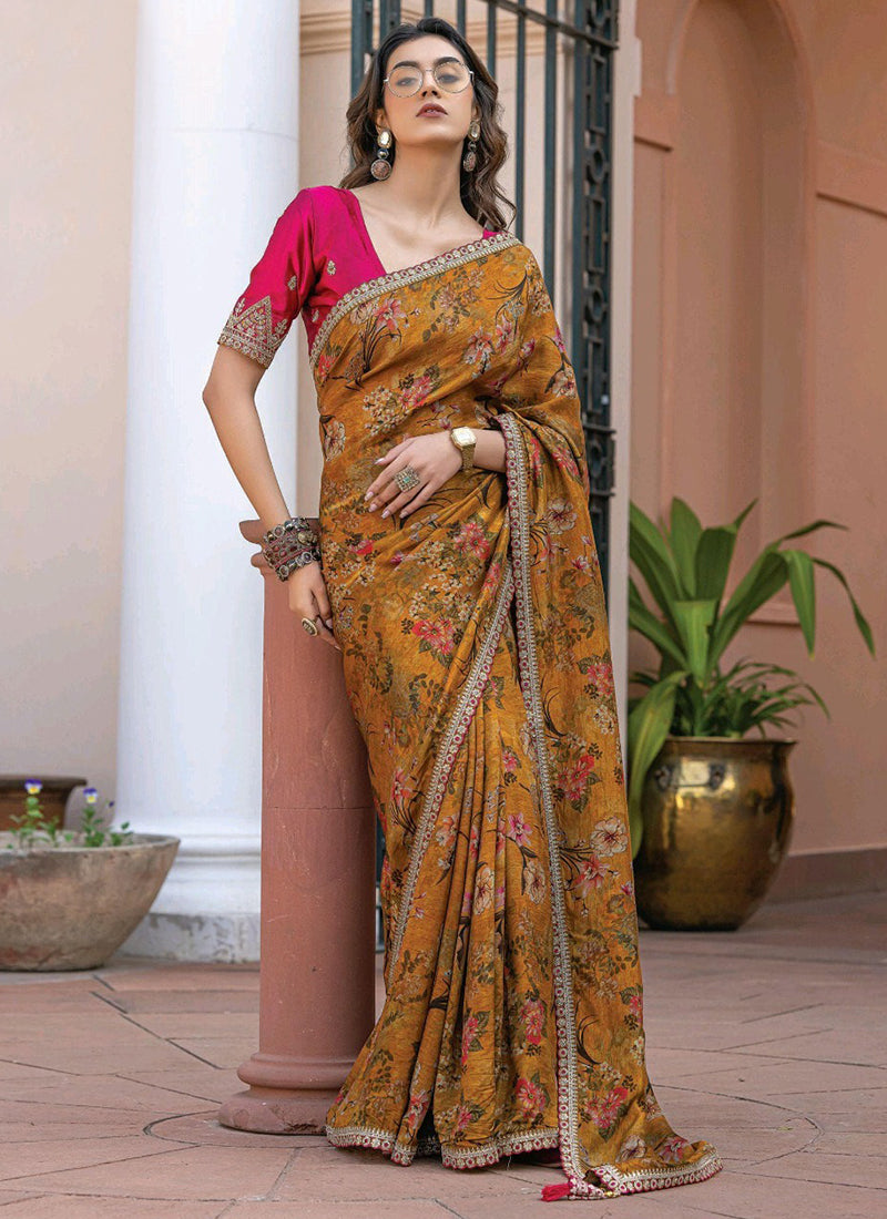 Dola Silk Mustard Saree with Floral Print for Party Wear 381974