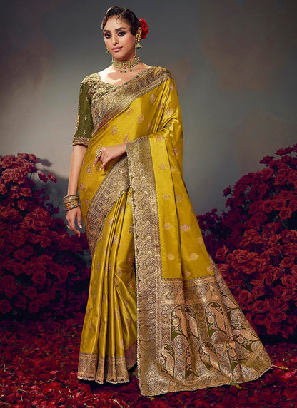 Fancy Fabric Mustard Wedding Wear Embroidery Work Saree 385871