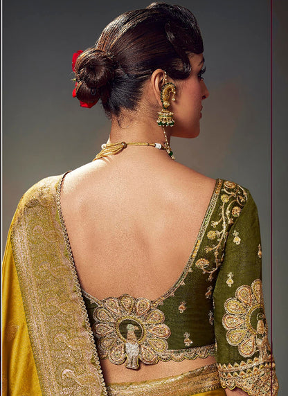Fancy Fabric Mustard Wedding Wear Embroidery Work Saree 385871
