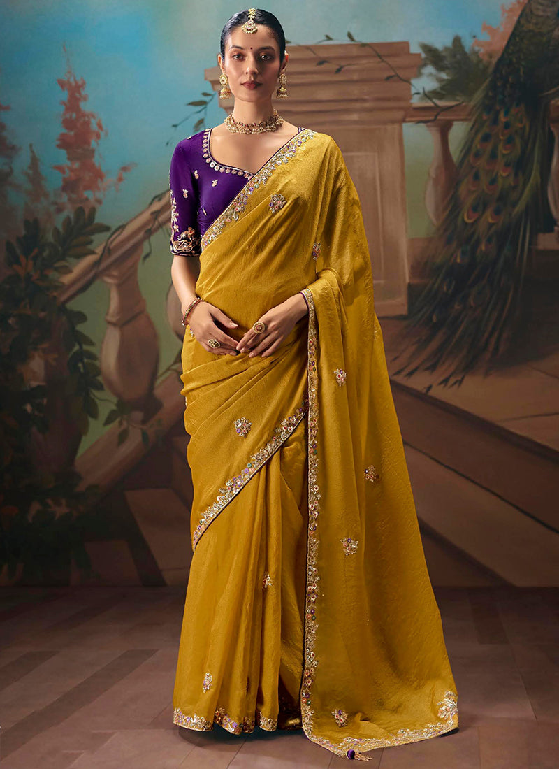 Mustard Fancy Sequins Work  Wedding Wear Saree SW989636