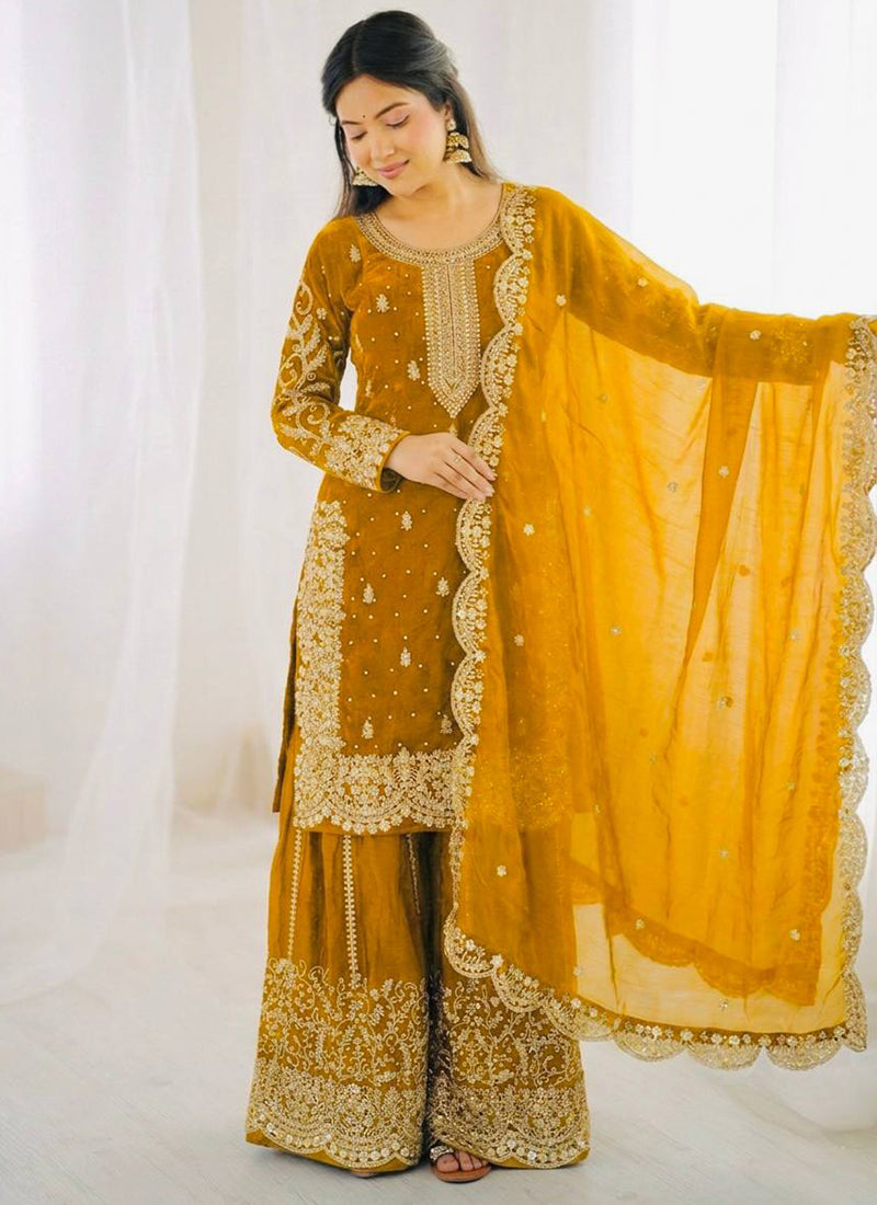 Mustard Fendi Silk Embroidery Work Festival Wear Readymade Plazzo Suit SW767916