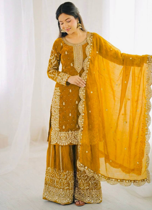 Mustard Fendi Silk Embroidery Work Festival Wear Readymade Plazzo Suit SW767916