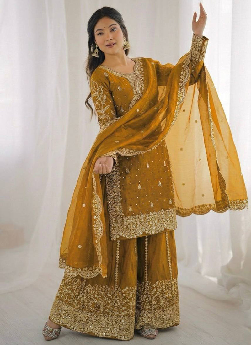 Mustard Fendi Silk Embroidery Work Festival Wear Readymade Plazzo Suit SW767916
