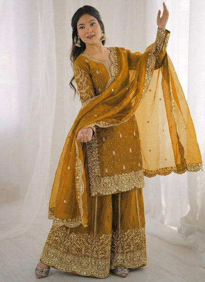 Mustard Fendi Silk Embroidery Work Festival Wear Readymade Plazzo Suit SW767916