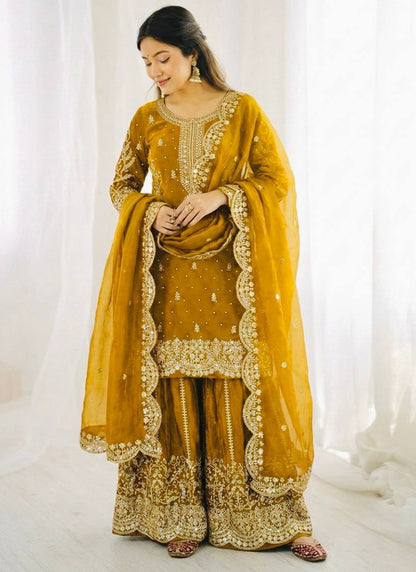 Mustard Fendi Silk Embroidery Work Festival Wear Readymade Plazzo Suit SW767916
