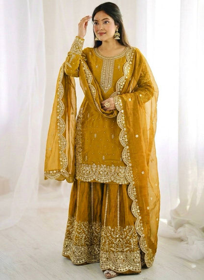 Mustard Fendi Silk Embroidery Work Festival Wear Readymade Plazzo Suit SW767916