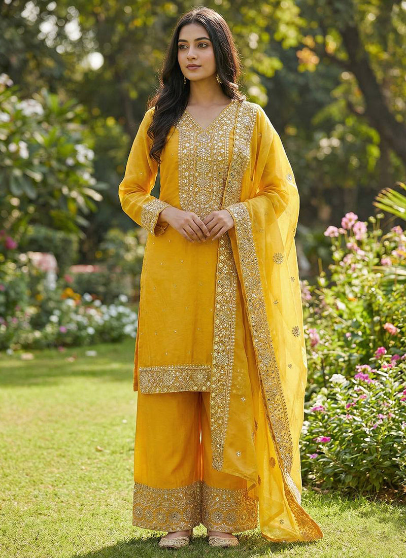 Mustard Fendy Silk Embroidery Work Occasional Wear Readymade Plazzo Suit SW517287