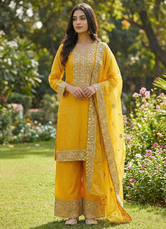 Mustard Fendy Silk Embroidery Work Occasional Wear Readymade Plazzo Suit SW517287