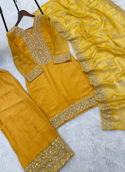 Mustard Fendy Silk Embroidery Work Occasional Wear Readymade Plazzo Suit SW517287