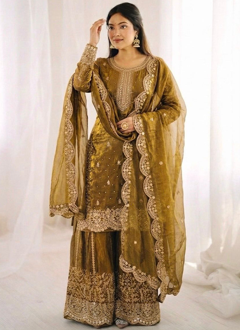 Mustard Fendy Silk Embroidery Work Occasional Wear Readymade Plazzo Suit SW295729