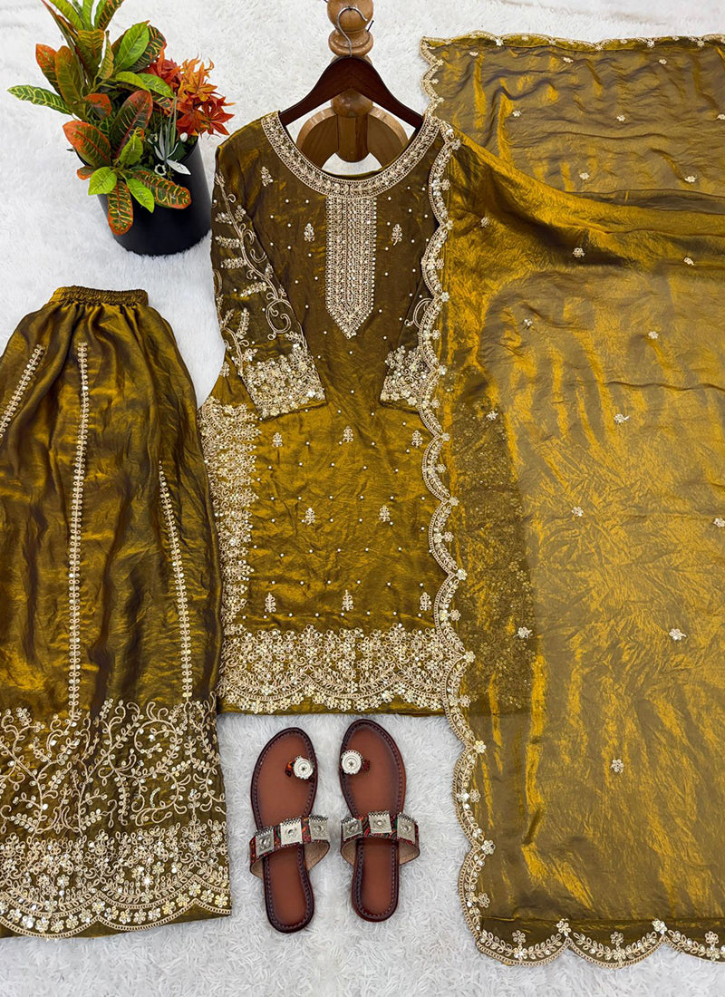 Mustard Fendy Silk Embroidery Work Occasional Wear Readymade Plazzo Suit SW295729