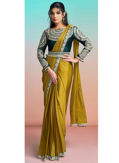 Mustard Georgette Embroidery Work Festival Wear Readymade Saree SW928432