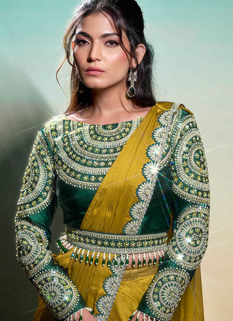 Mustard Georgette Embroidery Work Festival Wear Readymade Saree SW928432
