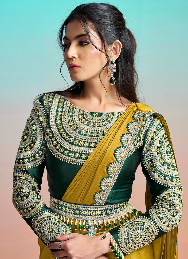 Mustard Georgette Embroidery Work Festival Wear Readymade Saree SW928432